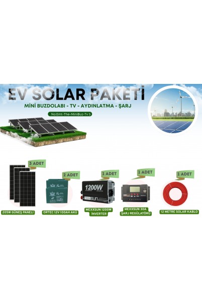 Ev Tipi Güneş Enerji Sistemi Paketi - Mini Buzdolabı, TV, Aydınlatma, Şarj İçin | 1200W İnverterli Solar Enerji Seti Ev Tipi Güneş Enerji Sistemi Paketi - Mini Buzdolabı, TV, Aydınlatma, Şarj İçin | 1200W İnverterli Solar Enerji Seti